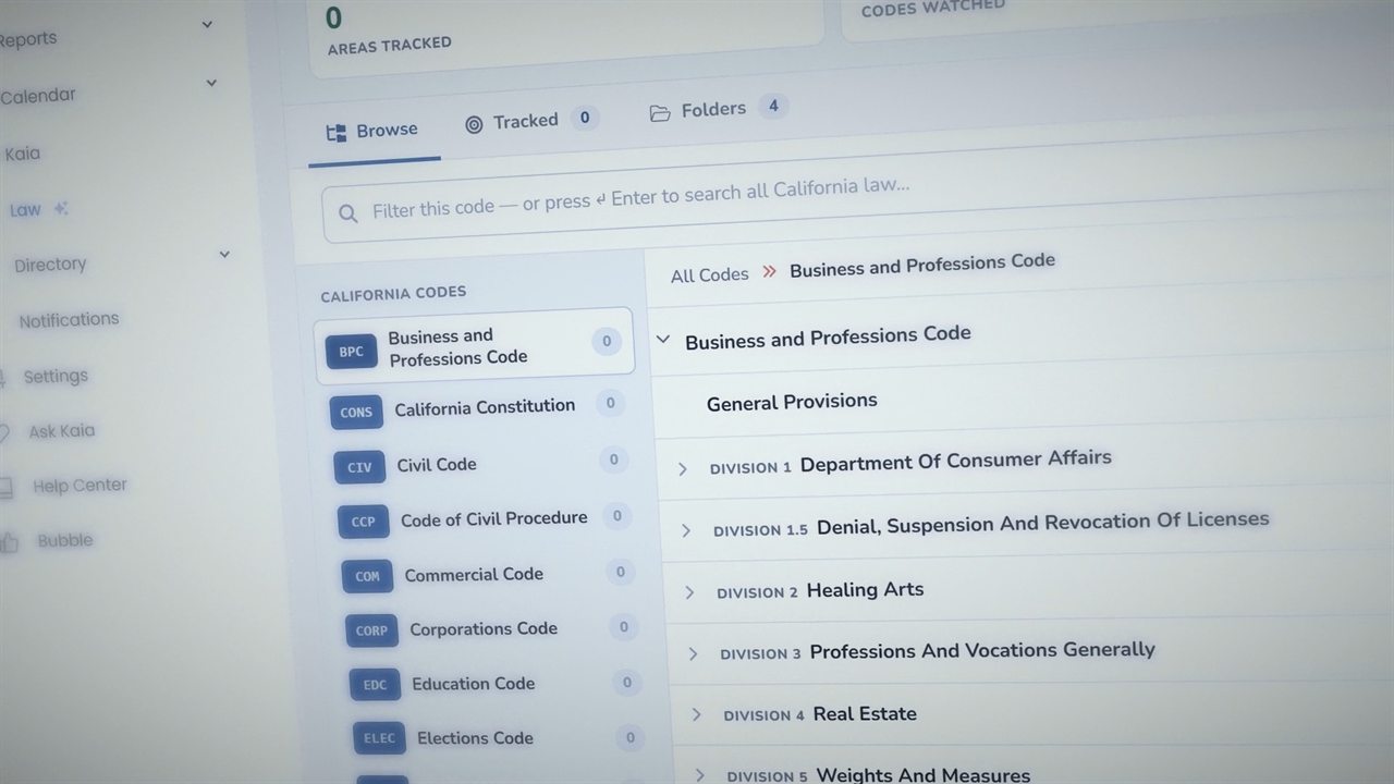 RTG Law Radar: the California codes as an outline, opened at the Business and Professions Code
