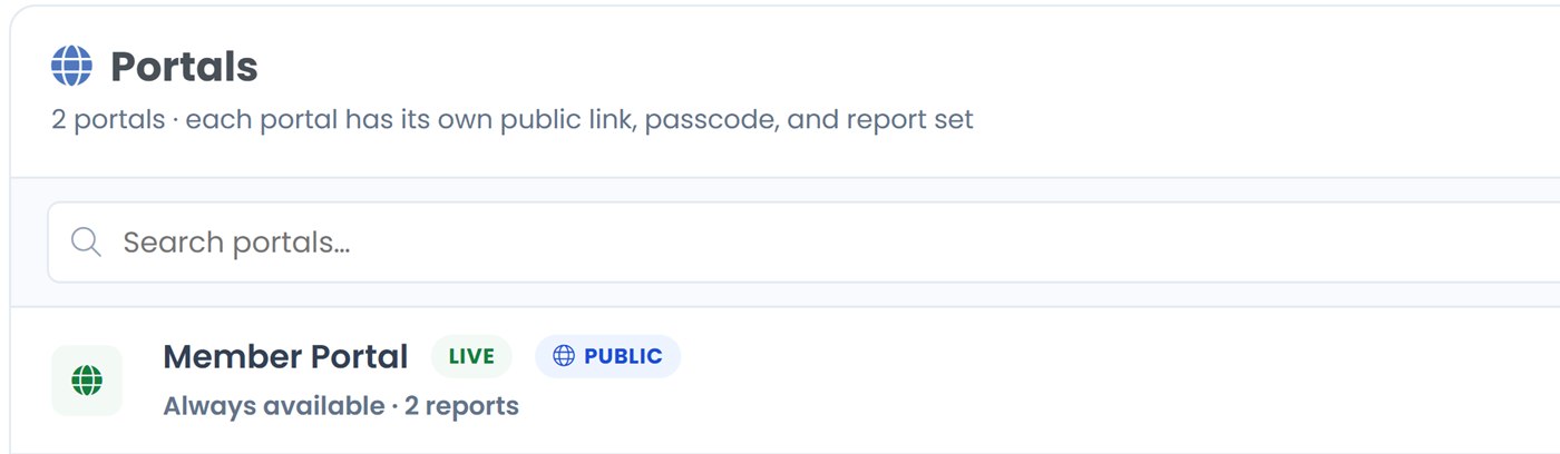The RTG Portals list: a Member Portal, live and public, with two reports